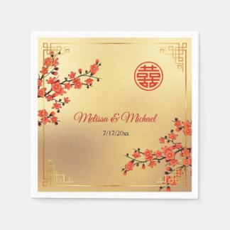 Red Cherry Blossoms Gold Chinese Wedding Custom Napkins