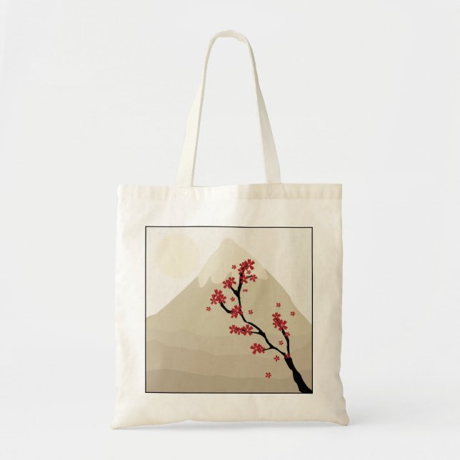 Red Cherry Blossoms Mount Fuji Japan Illustration Tote Bag (Front)