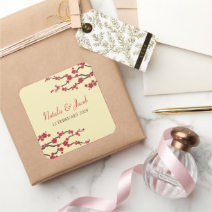 Red Cherry Blossoms Sakura Asian Wedding Favor Square Sticker