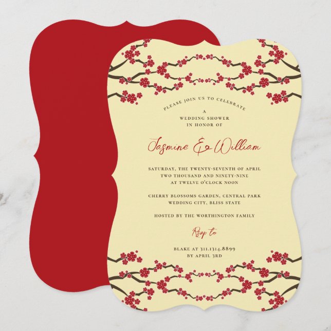 Red Cherry Blossoms Sakura Asian Wedding Shower Invitation (Front/Back)