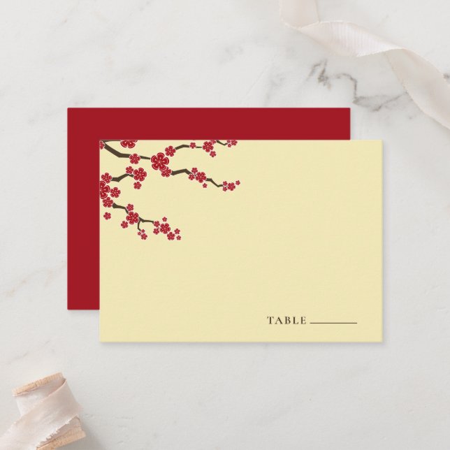 Red Cherry Blossoms Sakura Flowers Asian Wedding Place Card (Front/Back In Situ)
