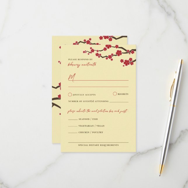 Red Cherry Blossoms Sakura Flowers Asian Wedding RSVP Card (Front/Back In Situ)