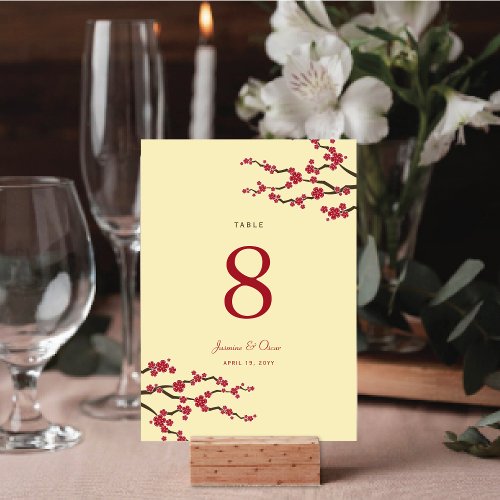 Red Cherry Blossoms Sakura Flowers Asian Wedding Table Number