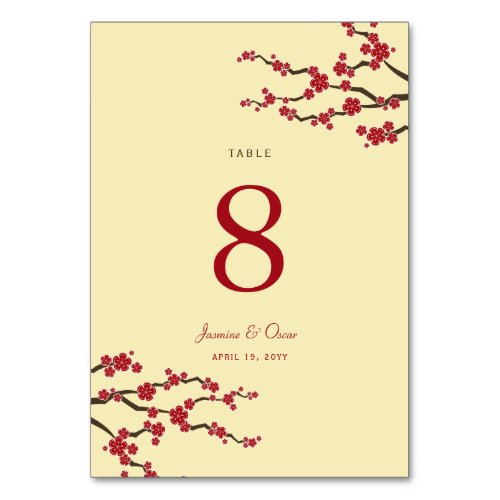 Red Cherry Blossoms Sakura Flowers Asian Wedding Table Number