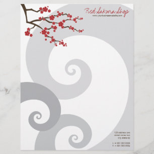 Red Cherry Blossoms Sakura Flowers & Grey Spirals Letterhead