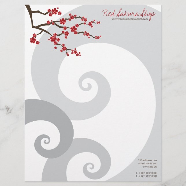 Red Cherry Blossoms Sakura Flowers & Grey Spirals Letterhead (Front)