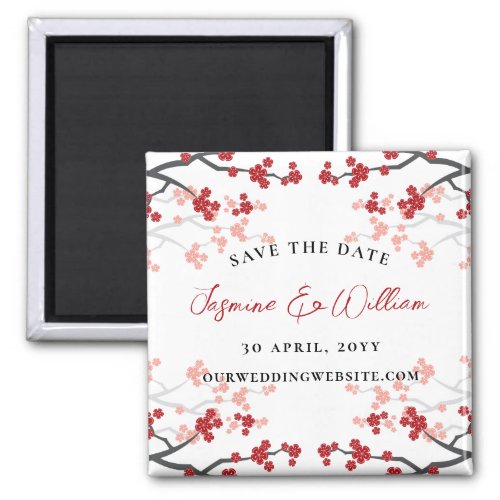 Red Cherry Blossoms Sakura Flowers Save The Date Magnet