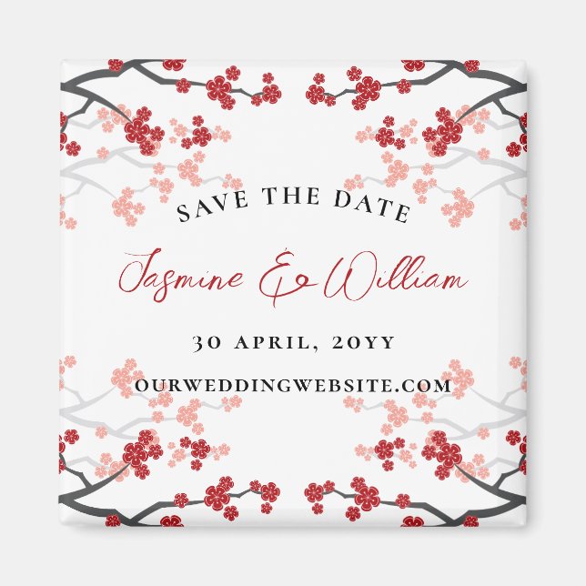 Red Cherry Blossoms Sakura Flowers Save The Date Magnet (Front)