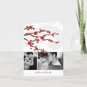 Red Cherry Blossoms & Spiral 2 Photo Asian Wedding Thank You Card