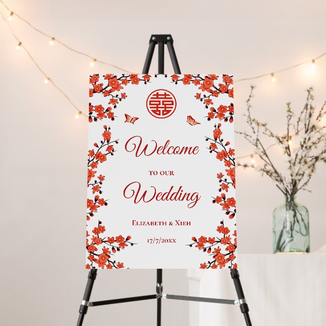 Red Cherry Blossoms White  Chinese Wedding Foam Board (In Situ (Stand))