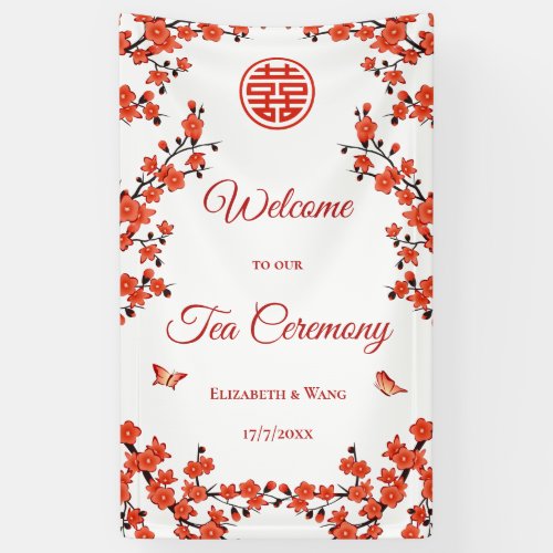 Red Cherry Blossoms White Tea Ceremony Banner