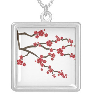 Red Cherry Blossoms Zen Sakura Spring Flowers Chic Silver Plated Necklace