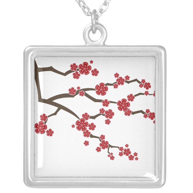 Red Cherry Blossoms Zen Sakura Spring Flowers Chic Silver Plated Necklace (Front)