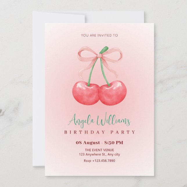 Red cherry bow birthday invitation (Front)