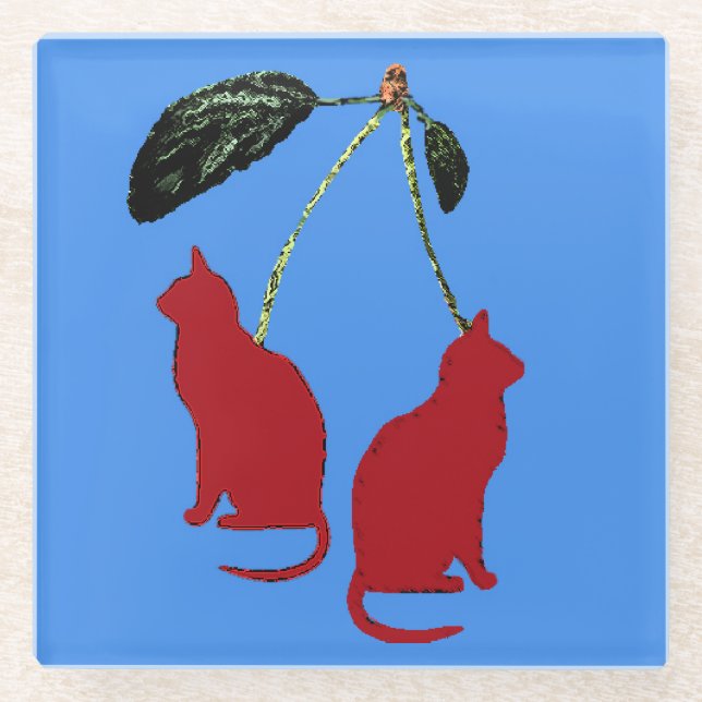 Red Cherry Cats on blue background Glass Coaster (Front)