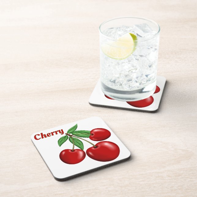 Red Cherry Cherries Design Personalized Beverage Coaster (Right Side)