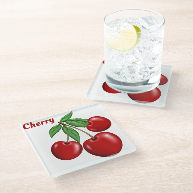 Red Cherry Cherries Design Personalized Glass Coaster (Angled)