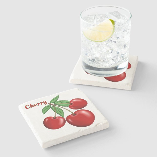 Red Cherry Cherries Design  Personalized Stone Coaster (Side)