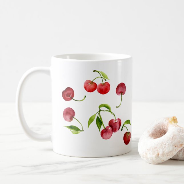 Red cherry cherries watercolor coffee mug (With Donut)