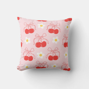 Red Cherry Coquette Bow Daisies Floral Throw Pillow