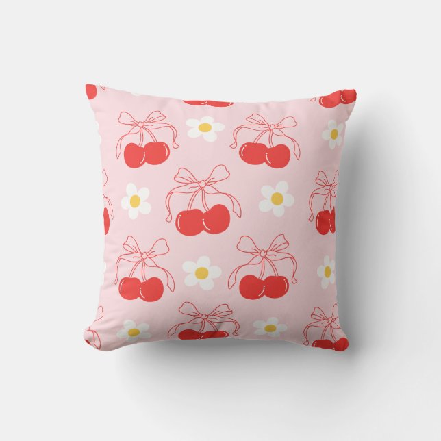 Red Cherry Coquette Bow Daisies Floral Throw Pillow (Front)