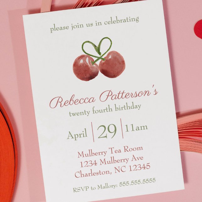 Red Cherry Coquette Watercolor Birthday Party  Invitation (cherry coquette aesthetic heart birthday party invitation cute watercolor cherry first birthday )