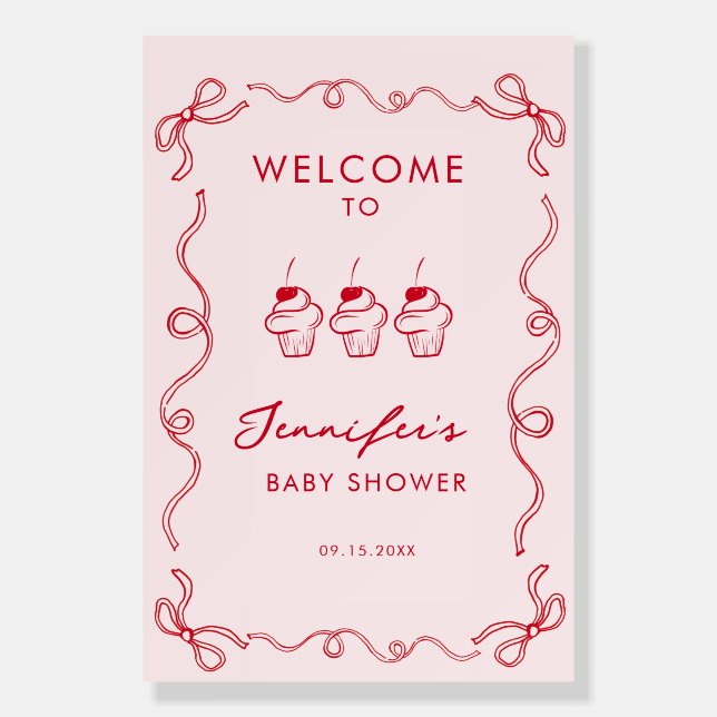 Red Cherry Cupcake Pink Girl Baby Shower Welcome  Foam Board (Front)