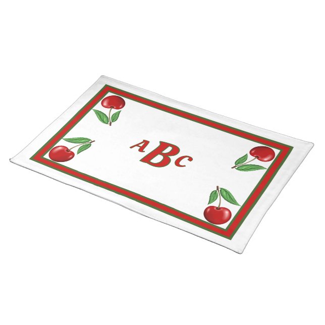 Red Cherry Design Personalized Cloth Placemat (On Table)