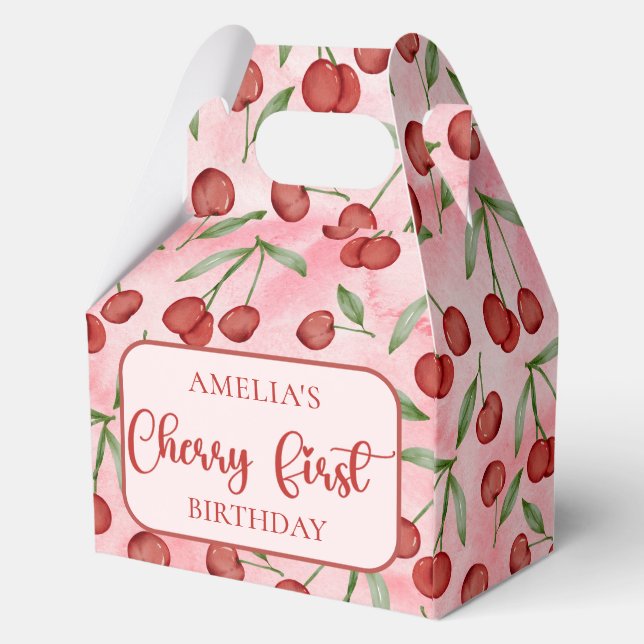 Red Cherry First Birthday Favor Boxes (Front)