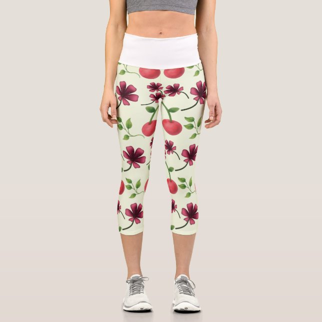 Red Cherry Floral Pattern  Capri Leggings (Front)
