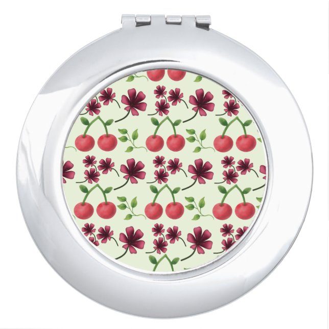 Red Cherry Floral Pattern  Compact Mirror (Front)