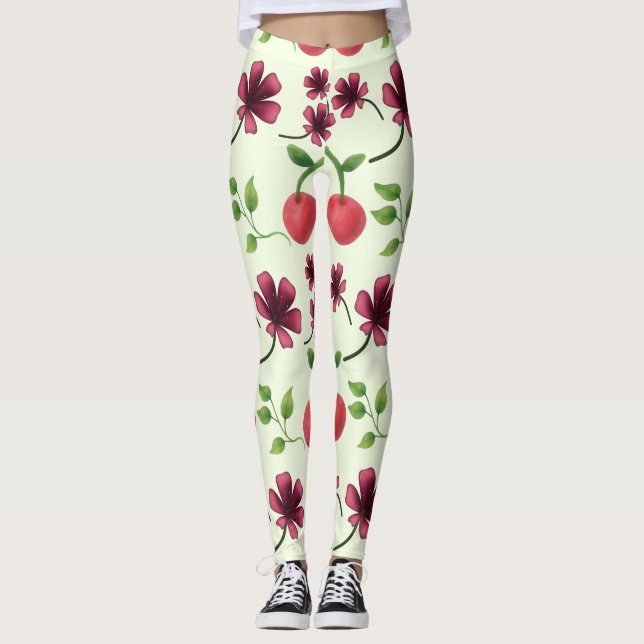 Red Cherry Floral Pattern  Leggings (Front)