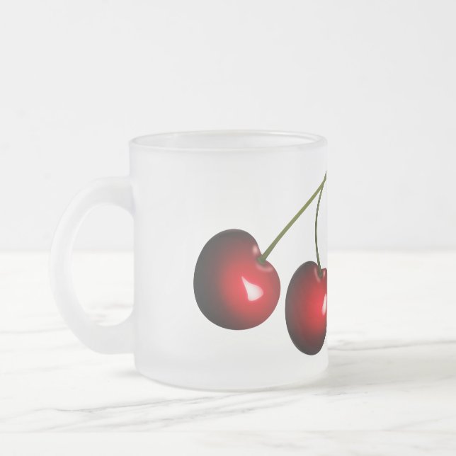 Red Cherry Frosted Glass Coffee Mug (Left)