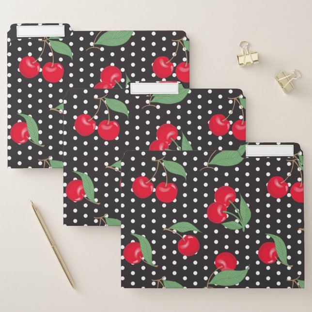 Red Cherry Fruit Green Leaves Black White Dots File Folder (Set)