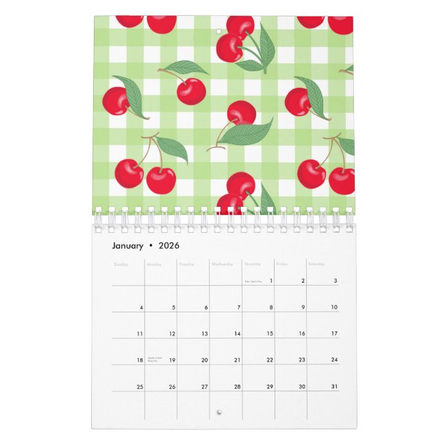 Red Cherry Fruit Green Leaves Pastel Lumberjack Calendar (Jan 2026)