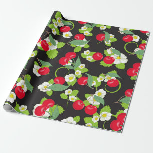 Red Cherry Fruit Green Leaves Pretty White Flowers Wrapping Paper