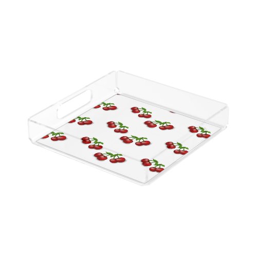 Red cherry fruit on white acrylic tray