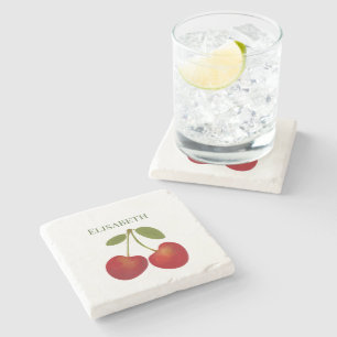 Red Cherry Fruit Personalize Name Stone Coaster