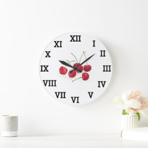 Red Cherry Fruit Summer Watercolor Food Vintage Large Clock