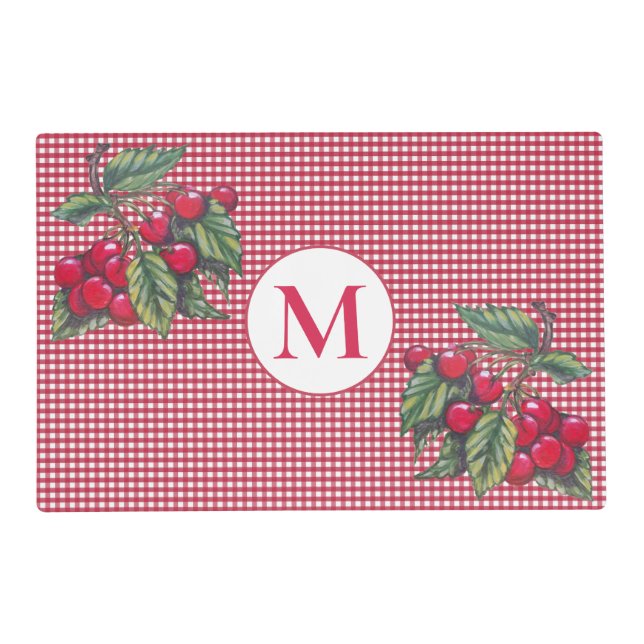 Red Cherry Gingham Monogram Reversible Cottage Placemat (Front)