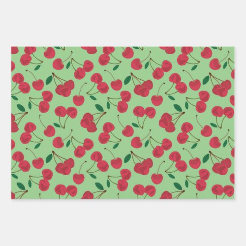 red cherry green background wrapping paper sheets