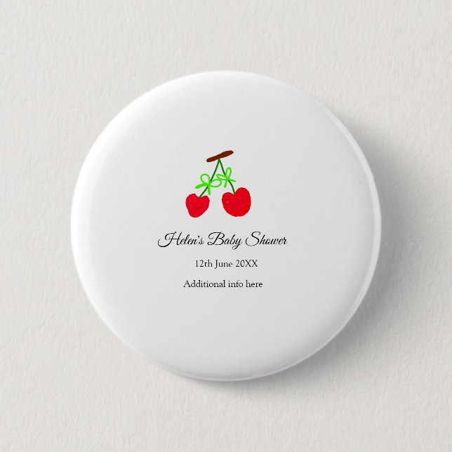 red Cherry green bow add name date baby shower Button (Front)