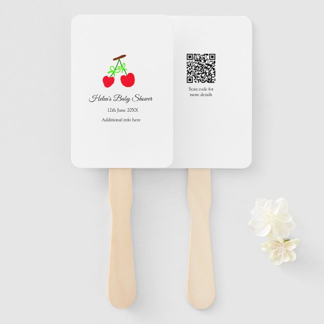 red Cherry green bow add name date baby shower Hand Fan (Front and Back)