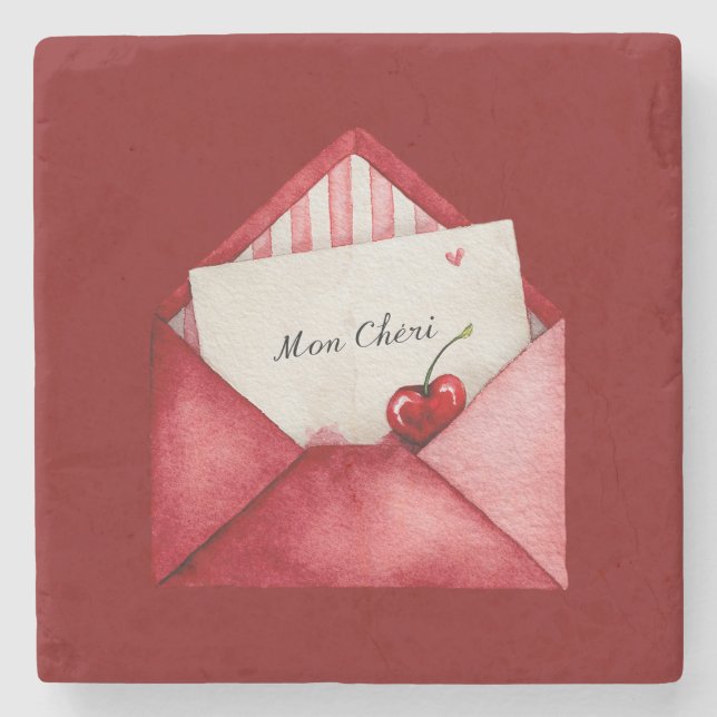 Red Cherry Heart Envelope Valentine's Day Stone Coaster (Front)