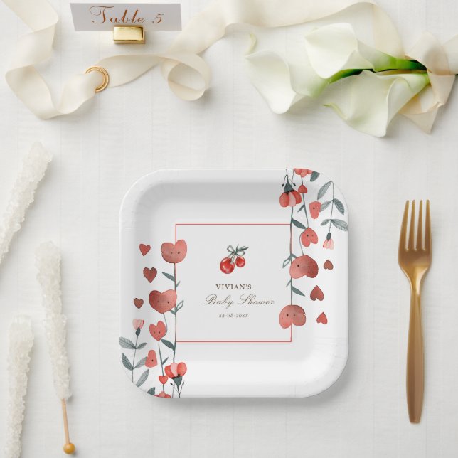 Red Cherry Heart Floral Baby Shower Paper Plates (Wedding)