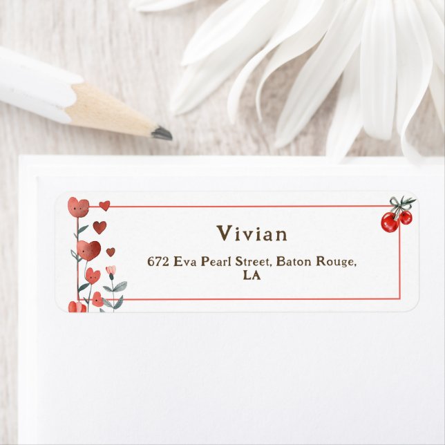 Red Cherry Heart Floral Retrun Address Label (Insitu)