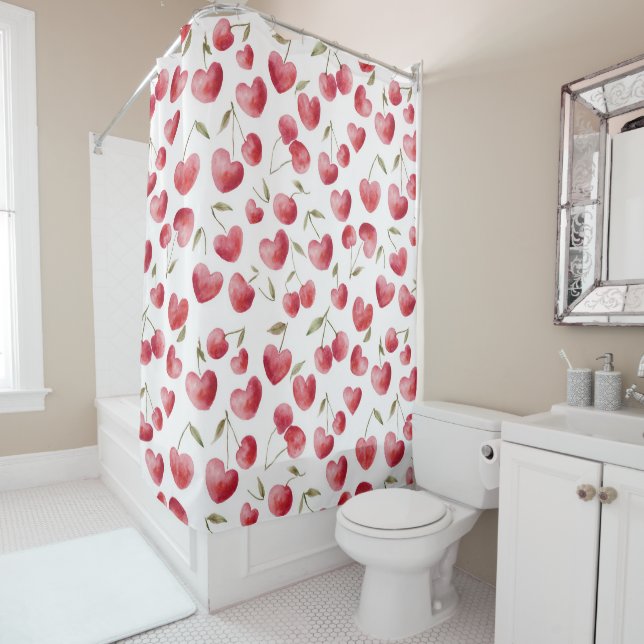 Red Cherry Hearts Shower Curtain (In Situ)