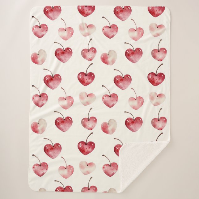 Red Cherry Hearts Valentine's Day Sherpa Blanket (Front)