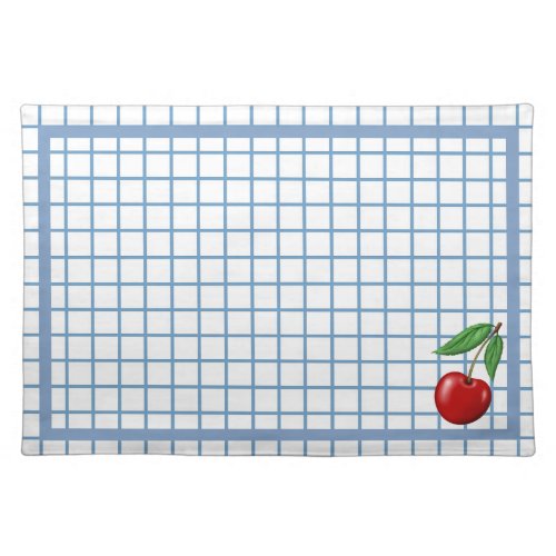 Red Cherry on Blue Checked Graphic Pattern Cloth Placemat