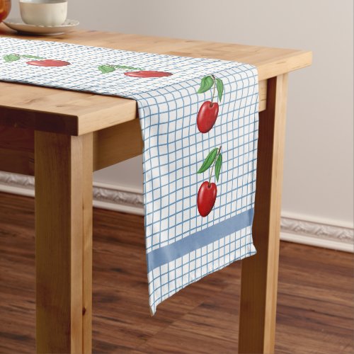 Red Cherry on Blue Checked Graphic Pattern Long Table Runner
